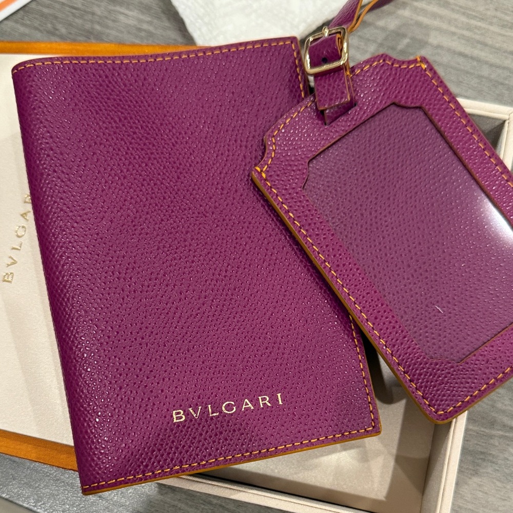Bulgari Plum Purple Leather Passport Holder with Matching Tag